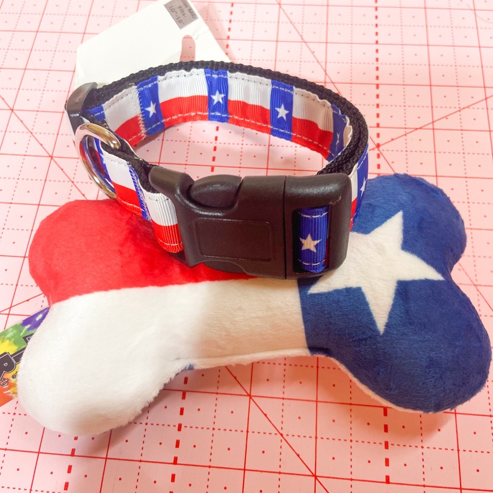 NWT Patriotic Texas  Dog Collar and Bone Toy. USA dog toy and dog collar